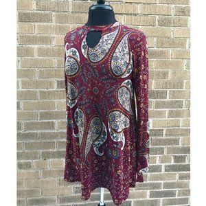 Burgundy Paisley Long Sleeve Top with Keyhole Neckline